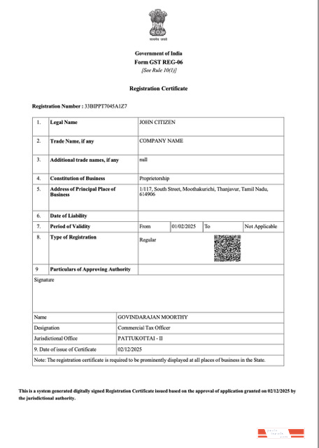 India registration certificate Word and PDF template
